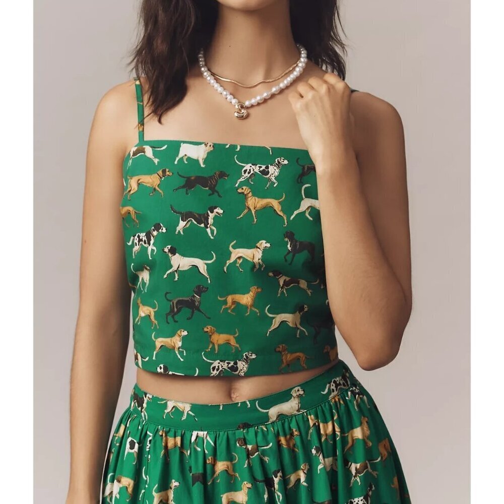 Anthropologie Maeve Straight-Neck Crop Tank Top Green Dog Print L